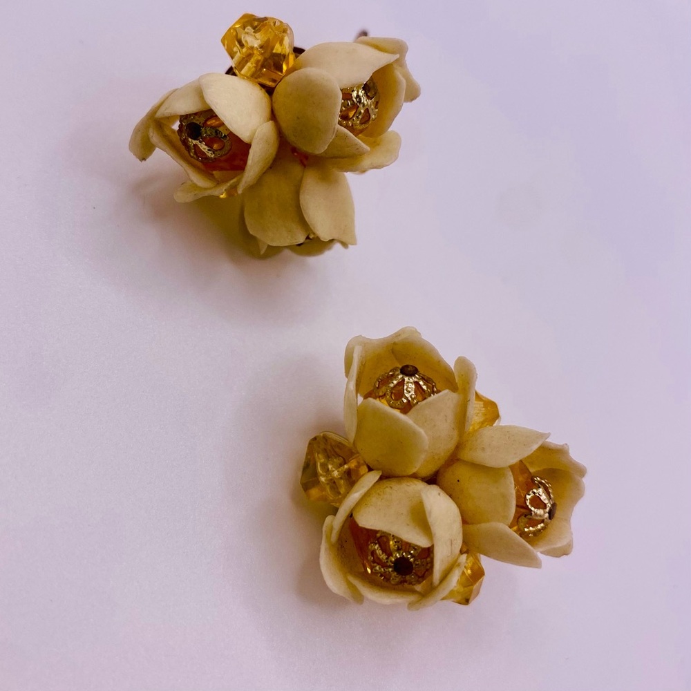 Vintage West Germany Floral Clip-On Earrings –Ivory Petals, Gold & Amber Crystal